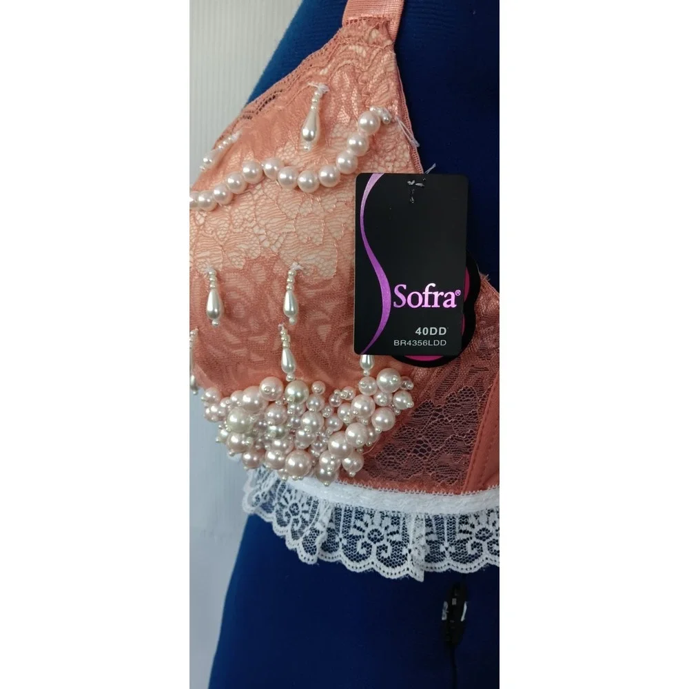 Sofra faux pearl lace beaded Adjustable Straps underwired‎ Peach Bra size 40DD